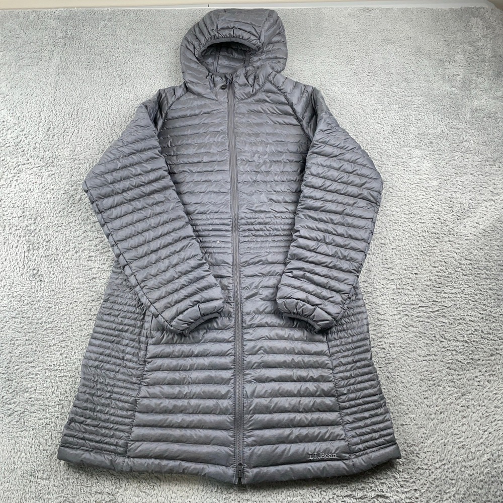 LL Bean Jacket Womens Medium Petite Gray Ultralight 850 Down Hooded Parka Puffer